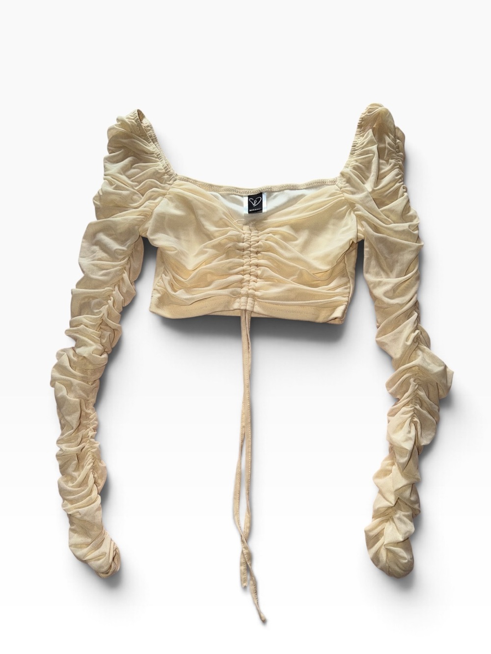 Women's Windsor Cream Ruched Mesh Crop Top with Long Sleeves Small